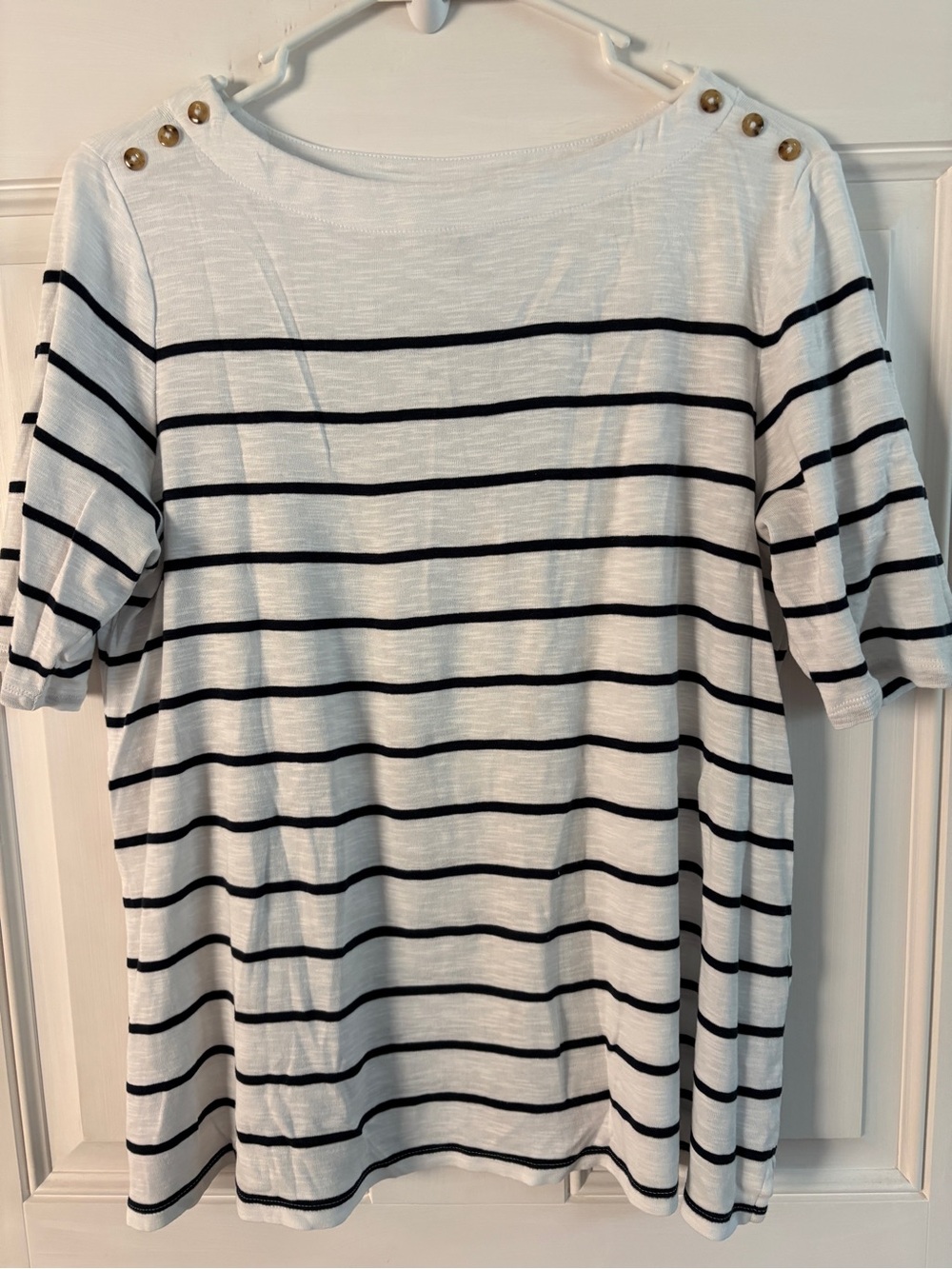 Striped Button-Shoulder Women’s Top in White and navy
